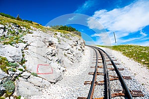 View of Schafberg train and railways. SCHAFBERGBAHN Cog Railway running from St. Wolfgang up the Schafberg, Austria