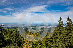 View from Schauinsland in beautiful weather over Freiburg to the Vosges Mountains