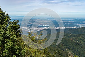 View from Schauinsland in beautiful weather over Freiburg to the Vosges Mountains