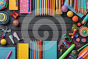 view School supplies backdrop diverse items for back to school season