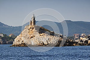 View of Scoglietto Island and lighthouse, in front of Portoferraio, Elba Island Coast, Italy