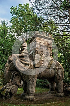 View of sculpture amidst the vegetation in the Park of Bomarzo.