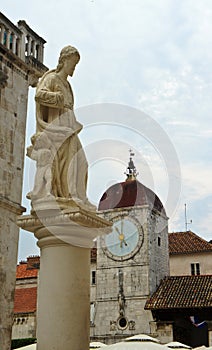 View of sculpture and detail of the City Hall - Duke`s Palace in old town, beautiful architecture, sunny day, Trogir, Dalmatia,