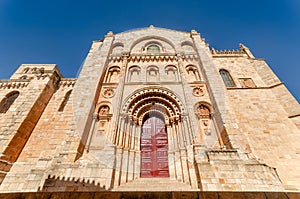 View of the sculptured Bishop`s Doorway of the Zamora Cathedral