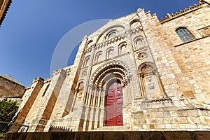 View of the sculptured Bishop`s Doorway of the Zamora Cathedral