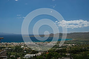 View of the sea bay and the village. Euboea island, Greece. Turquoise water and blue sky.