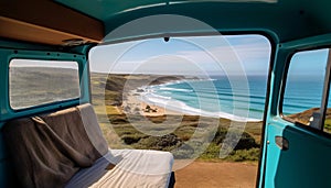 View of the sea and the beach from the interior of a vintage van for camping and traveling, generated AI