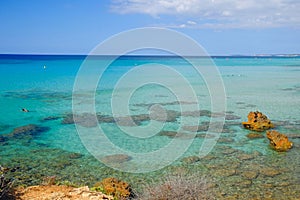 View on the sea on the beach Son Bou on the Balearic Island Menorca, Spain