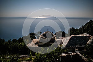 View of the sea from a church at Agio Oros at Chalkidiki in Greece