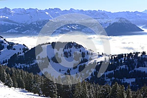 View of the sea of clouds from the Rigi Kulm in winter, Lucerne, Switzerland