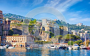 View from sea coastline with luxury hotels in Sorrento, Italy