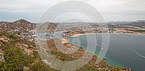 View of Sea of Cortes and Cabo San Lucas marina as seen from the top of Mount Solmar in Baja California Mexico