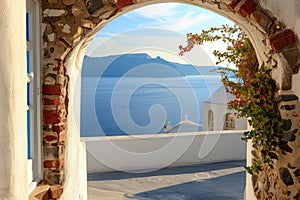 View of the sea from the house through the arch, Santorini island, Greece