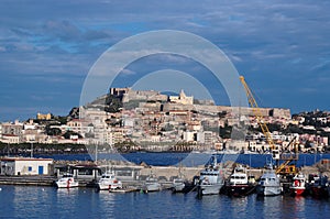View from sea of Milazzo town in Sicily, Italy