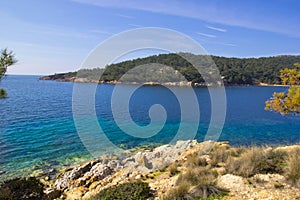 View of the sea and mountains in cunda island,Turkey