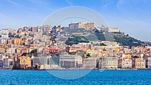 View from sea on Naples coastline, Castel Sant`Elmo is located on top of hill