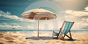 View of sea or ocean with Deck chair and umbrella on tropical beach at sunlight. generative AI