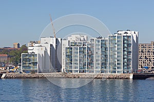 View from the sea side to the residential complex Isbjerget in Aarhus, Denmark.