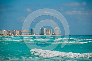 View from the sea to buildings and the hotels of Cancun. Mexico