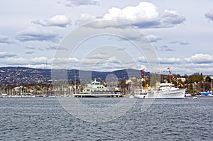 View from the sea to a cruise ship, Oslo and the Oslo Fjord