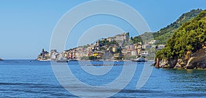 A view from the sea towards Porto Venere, Italy