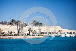 The view of sea and town in Hurghada, Egypt. Tourism and travel concept