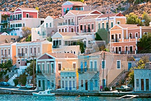 View of traditional colorful houses on Symi island, Greece, Dodecanese