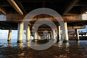 View of the sea water under the pier. Columns of the pier. Pier on the sea. Waves on the water of the sea. Close-up of the pier.
