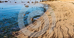 View of sea waves breaking sandy beach with rocks