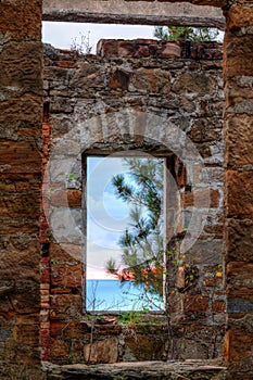 View of sea from window of abandoned mansion Dacha Kvitko