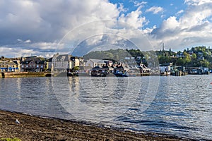 A view from the seafront towards the port in the town of Oban, Scotland