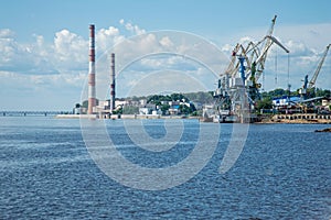 View of the seaport with cargo cranes