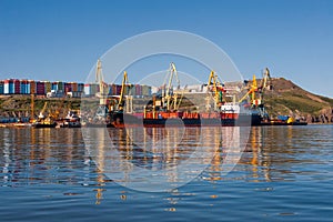 View of the seaport located in the Far North in the Arctic