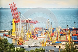 View of the seaport, port cranes and the container at the pier. Black Sea. Odessa.