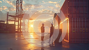 View of the seaport at sunset. Two seaport workers stand in front of large containers at the loading dock. Cargo shipping business