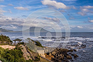 View of seascape and ocean with Mt. Kaimon in Kagoshima, Kyushu, Japan