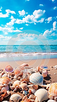 View of the seashore. Yellow sandy beach. Sunny sky with light clouds. Shells of mollusks and snails. Banner