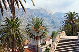 View of seaside Prcanj town from stairs of the Church of Birth of Our Lady. Bay of Kotor, Montenegro