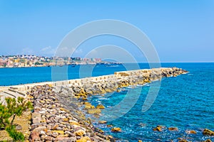 View of the seaside promenade surrounding the modern town of Syracuse in Sicily, Italy
