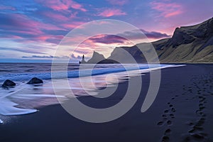 View of Seastacks in Vik, Icleand the most famous black sand beach