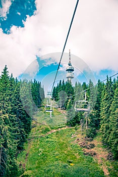 A view from the seated lift to the television tower Snejanka near by Pamporovo resort in Rhodopi mountain, Bulgaria photo