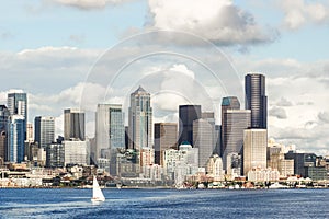 View of Seattle skyline and waterfront with yacht.