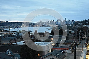 A View of Seattle Washington from Rooftop Patio at Dawn