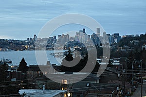 View of Seattle Washington Skyline from Rooftop Patio at Dawn