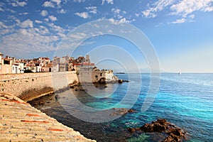 View of the seawall and harbor of Antibes France