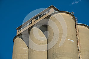 View of section of a grain elevator, an agrarian facility complex used to stockpile and store grain