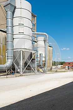 View of section of a grain elevator, an agrarian facility complex used to stockpile and store grain