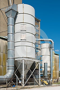 View of section of a grain elevator, an agrarian facility complex used to stockpile and store grain