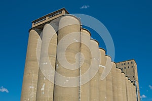 View of section of a grain elevator, an agrarian facility complex used to stockpile and store grain