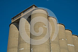 View of section of a grain elevator, an agrarian facility complex used to stockpile and store grain